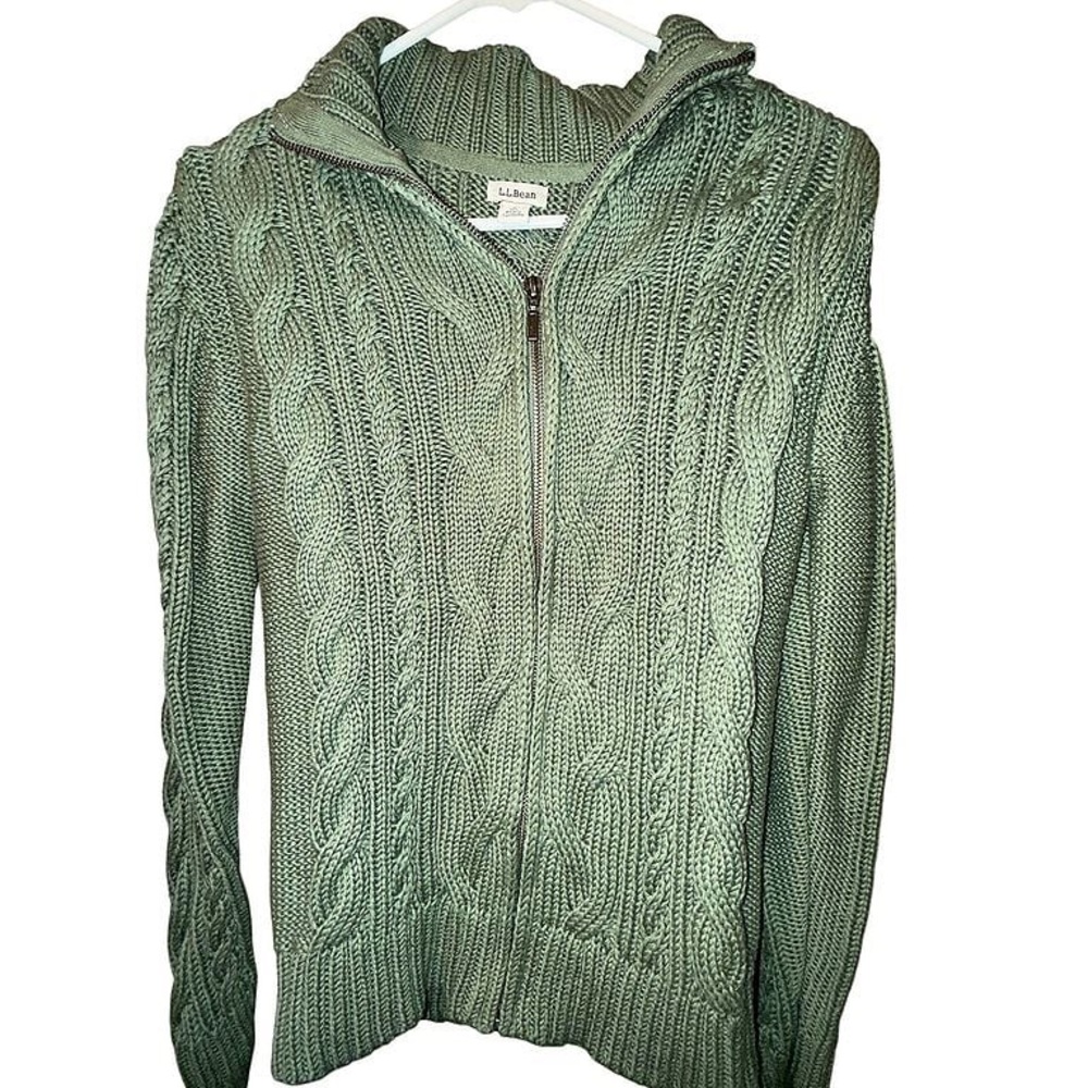 L.L. Bean Sage Green Cable-Knit Zip Hoodie Sweater